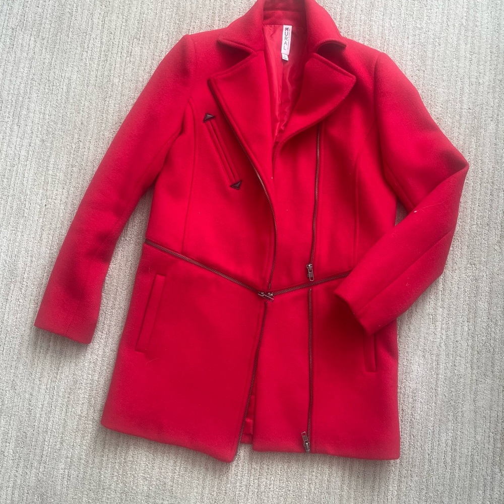 Mural red wool blend two in one coat, size XS